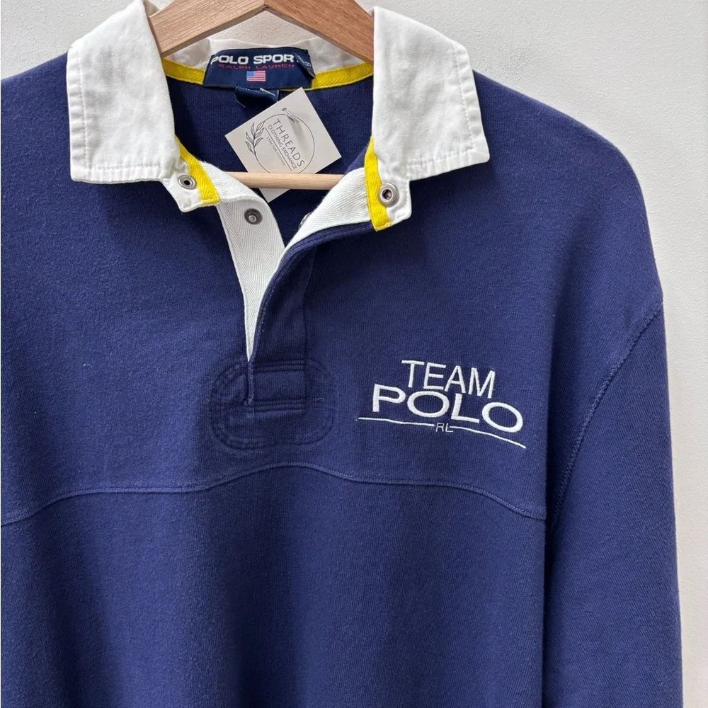 Vintage Polo by Ralph Lauren Men's Blue and White Team Shirt